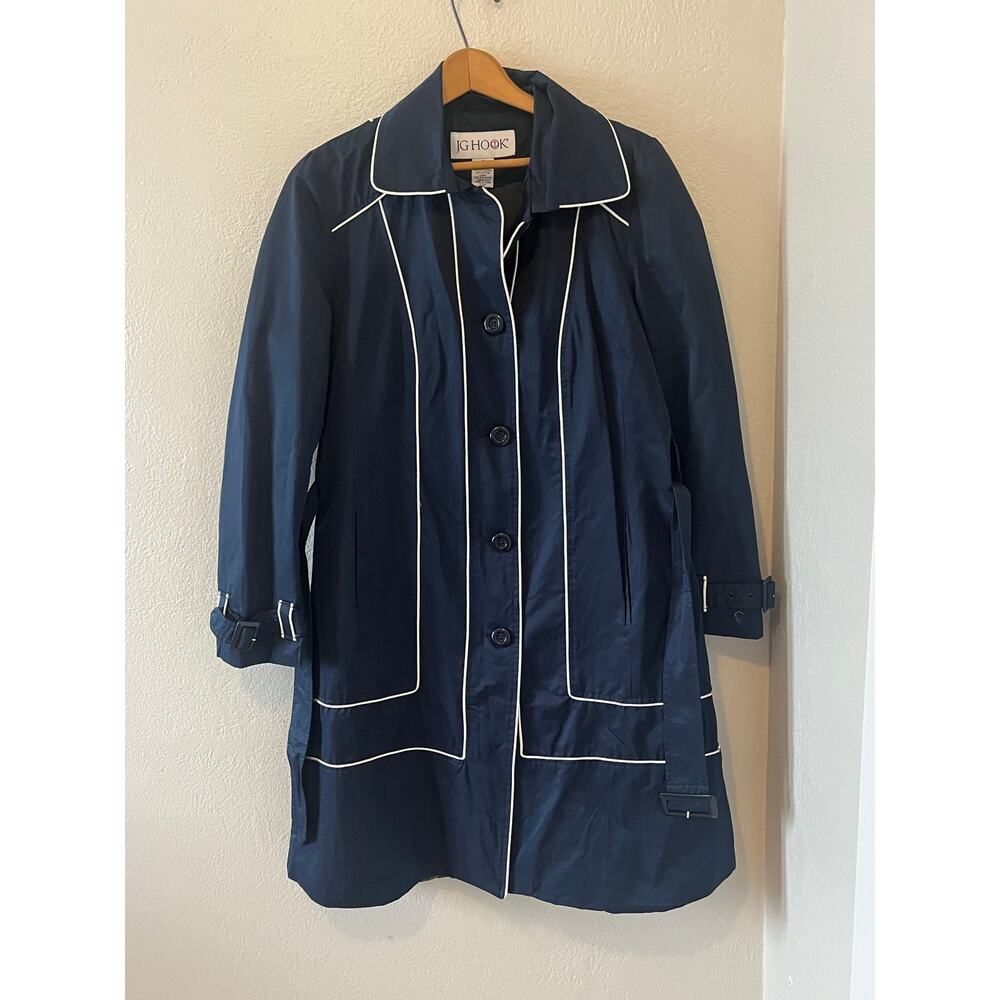 Women's Vintage JG Hook‎ Classic Navy Rain jacket Coat Trench Belt Buttons Sz 10